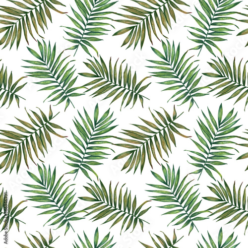 Palm leaves watercolor seamless pattern. Hand painted background. For wrapping paper  textiles  wallpaper and fabric pattern.