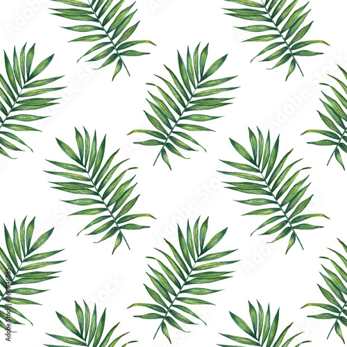 Palm leaves watercolor seamless pattern. Hand painted background. For wrapping paper  textiles  wallpaper and fabric pattern.