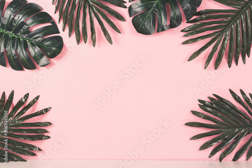 Tropical background concept. Various palm leaves on pink background. Copy space for your text or product.