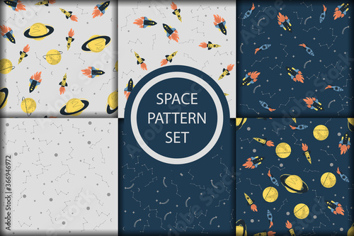 Vector space seamless pattern with planets, comets, constellations, rockets and stars. Sky illustration astronomical background. Use for textile, zodiac star yoga mat, phone case, notebook cover