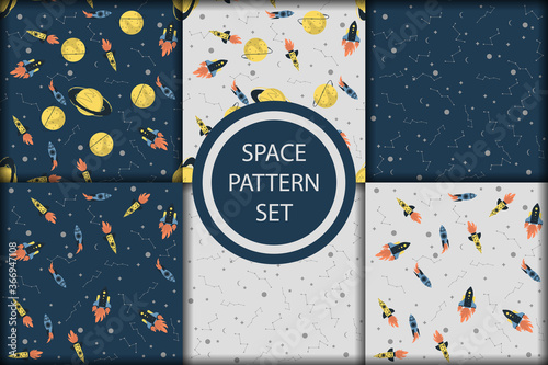 Vector space seamless pattern with planets, comets, constellations, rockets and stars. Sky illustration astronomical background. Use for textile, zodiac star yoga mat, phone case, notebook cover