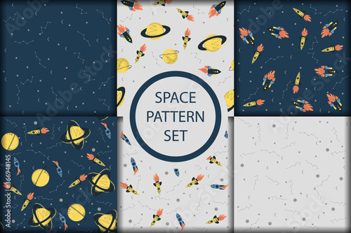 Vector space seamless pattern with planets, comets, constellations, rockets and stars. Sky illustration astronomical background. Use for textile, zodiac star yoga mat, phone case, notebook cover