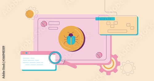 Detection bug illustration. Software warning about harmful virus unwanted of errors in programming debugging and elimination of flat dangerous trojan vector worm.