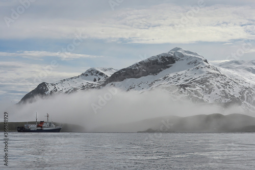 Expedition ship anchored in Undine Harbour, South Georgia, South Georgia and the Sandwich Islands, Antarctica photo