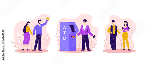 Queue people to ATM illustration. Men and women stand by line to withdraw cash from an ATM machine impatiently waiting for electronic transaction replenishment o credit account vector.