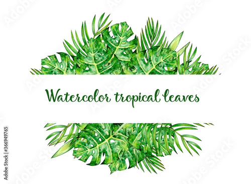 Tropical leaves frame, isolated on white. Watercolor illustration.