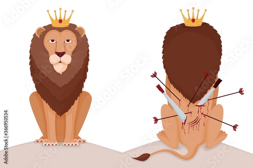 Hard to be lion king illustration. Proud animal king with crown stab in back his back pierced arrows and swords courageous character who does not recognize pain while climbing career vector ladder.