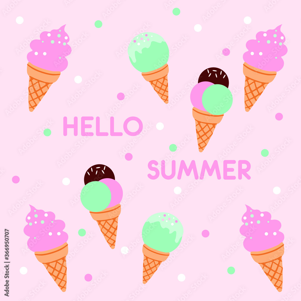 Hello Summer pink vector card design with citrus, ice-cream. Summer time! Hello Summer pink vector card design with citrus, ice-cream. Summer time!