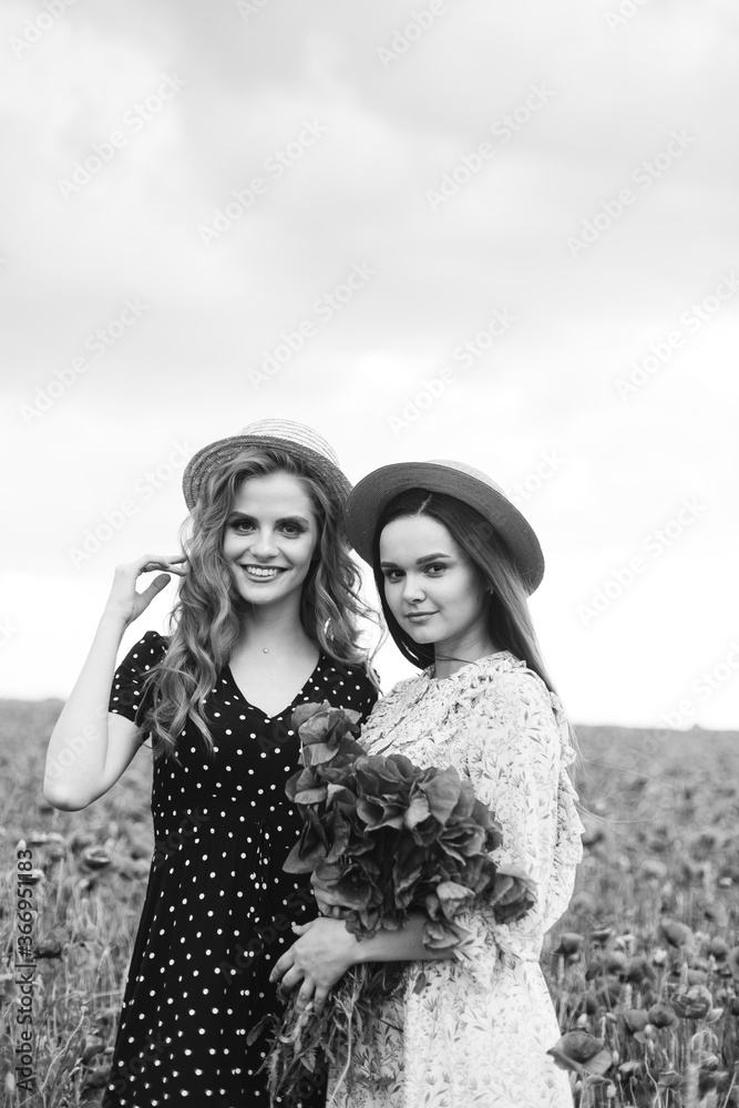 Blondie and brunette women in red poppy field together posing Blondie and brunette women in red poppy field together posing
