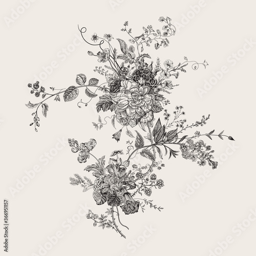 Vintage floral vector element. Victorian. Flora. Black and white