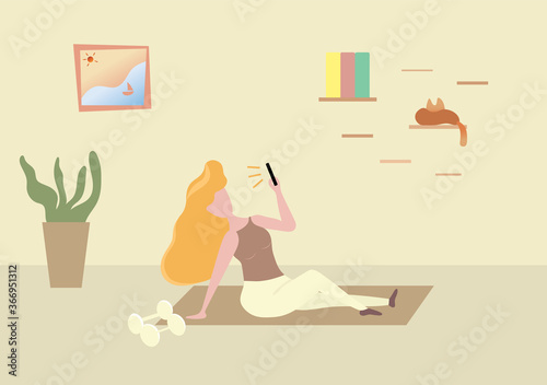 Woman take a selfie along doing exercise for relax at home. Healthy lifestyle concept.