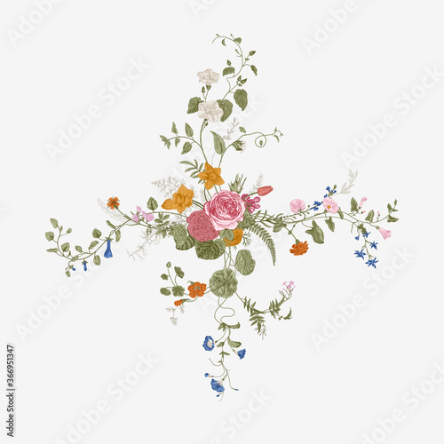 Vintage floral vector element. Victorian. Climbing plants. Colorful