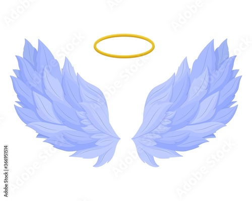 Angel wings with nimbus. Sacred heavenly freedom blue wings with golden crown in middle gothic winged decoration decorative fantasy vector ornament.