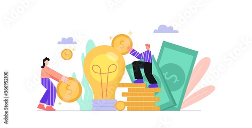 New project on crowdfunding illustration. Fundraising for new business idea product launch with social participation overall benefit for sponsor and vector developer.