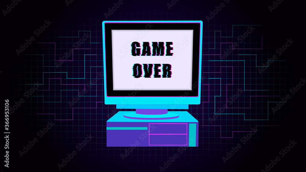 Glitch old personal computer. Retro pc with distorted inscription game ...