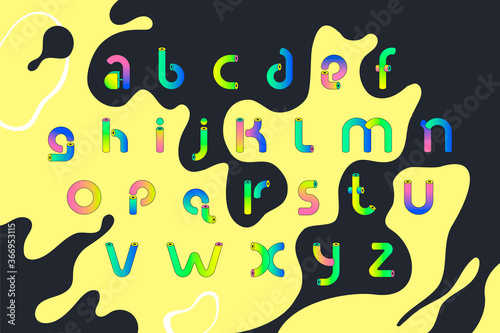 Decorative bright alphabet in memphis style. Gradient letters from plastic tubes