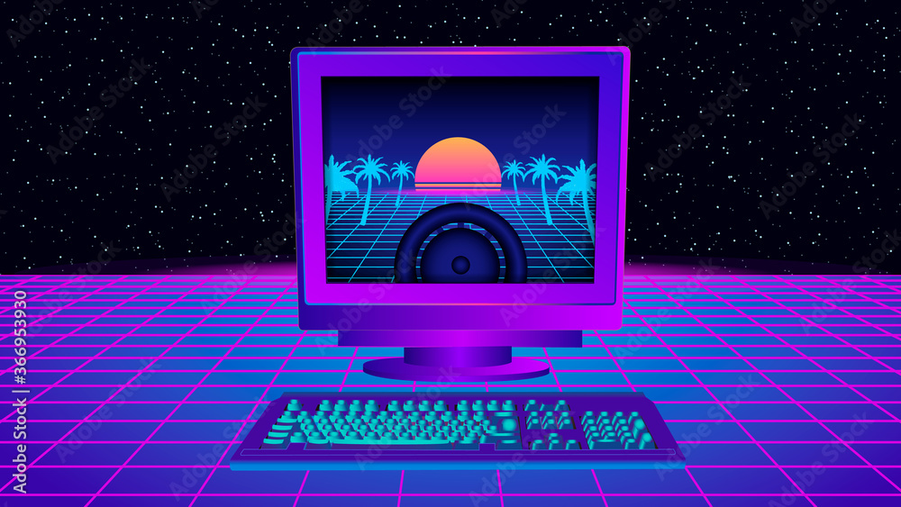 Vaporwave computer. Retro pc on synthwave classic monitor and retrowave  mesh system equipment from the 80s and 90s. flat block gaming working  vector. Stock Vector | Adobe Stock
