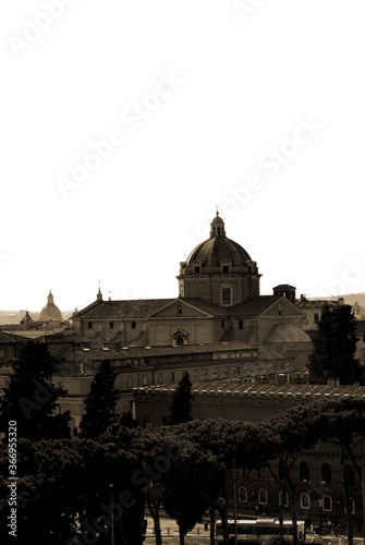 Amazing view from Campidoglio Vittoriano's hilltop on the catholic church Chiesa del Gesu in retro monochrome color.