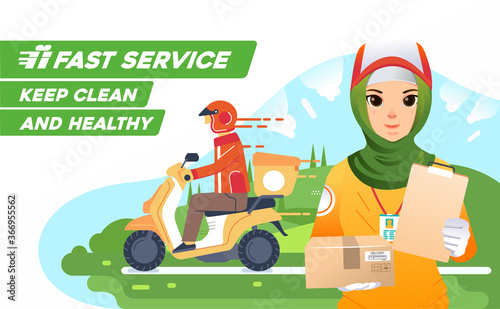 hijab girl deliverry courier deliver as mascot deliverry company, sending package using scooter with healthy and clean standart