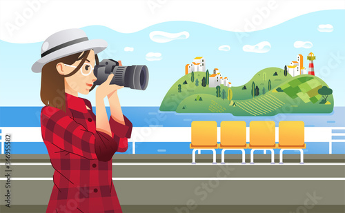 stylish girl photographer taking picuture of a island in the sea from ship vector illustration
