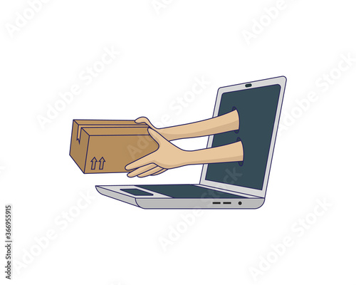 Hands holding package coming out of a laptop. Internet shopping and parcel service.