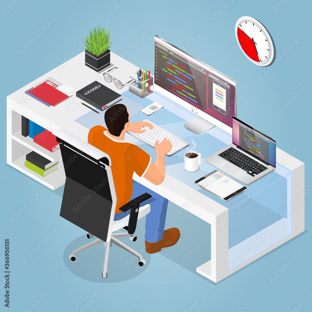 Fototapeta premium Vector isometric programmer working on project. Application development. Professional testing mobile app. Developer time and workspace organization.