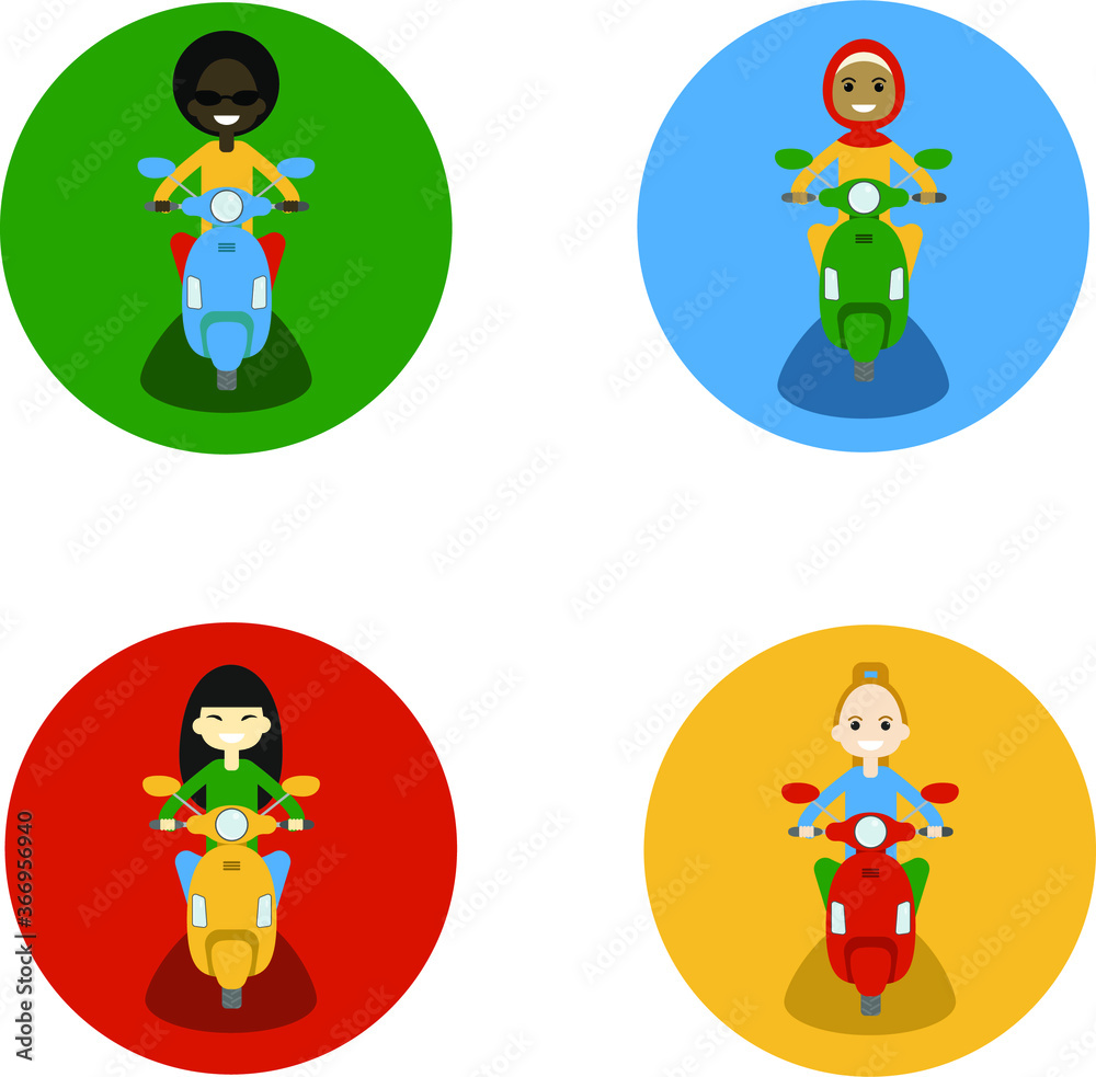 Isolated round icons with chinese, arabic, black skin and white skin girls riding electric motor scooter. Flat design vector illustration.