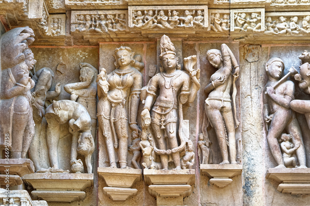 Sculptures on the walls of Lakshmana Temple, Khajuraho Group of Monuments, Madhya Pradesh state, India