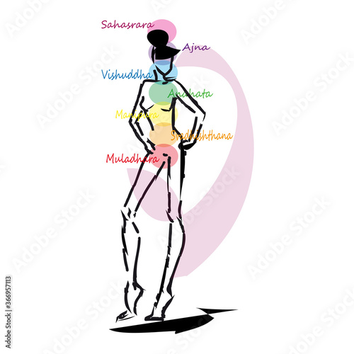 Seven Chakras, female silhouette on a white background