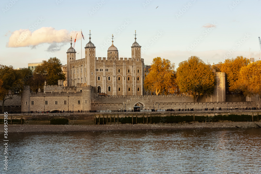 A partial view of the Tower of London from across the Thames