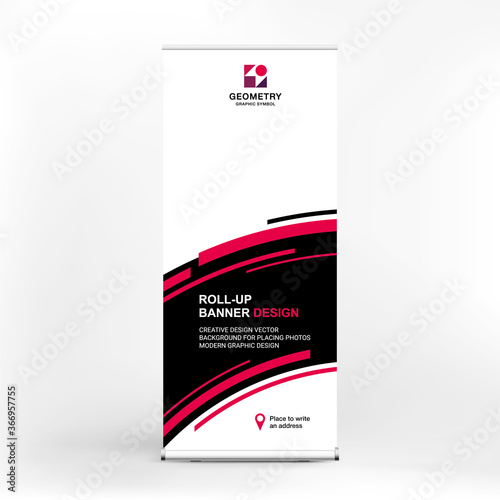 Roll-up stand, banner for mobile advertising of goods and services, modern graphic background for product presentation and promotion	

