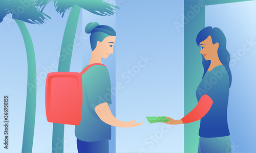 A girl with a courier at the door of the house conducts a money transaction. The woman pays in cash. Courier girl with thermal bag accepts cash payment.