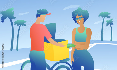 Young woman pays cash for food delivery. A man in a cap accepts cash payments on a sportsground. A woman with glasses holds out bills.