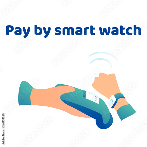 Payment for goods using smart watches on a white background. Hands with gadgets for conducting money transactions. Blue wireless terminal.