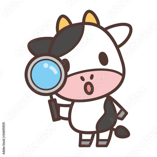 funny cow cartoon-Cow character looking through a magnifying glass