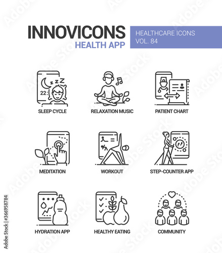 Health mobile app line design style icons set