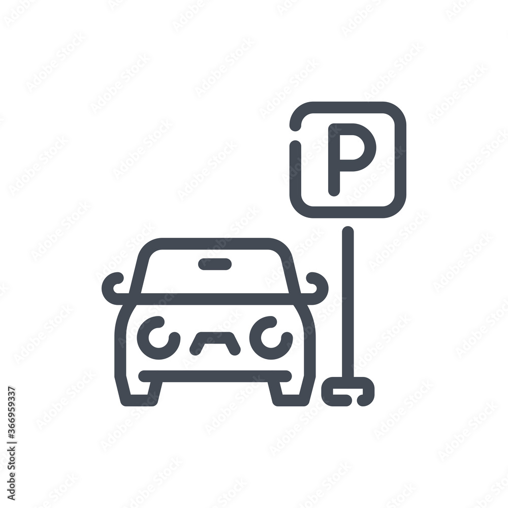 Car with Parking Road Sign line icon. Vehicle with Street Sign vector outline sign. Car with Parking Road Sign line icon. Vehicle with Street Sign vector outline sign.