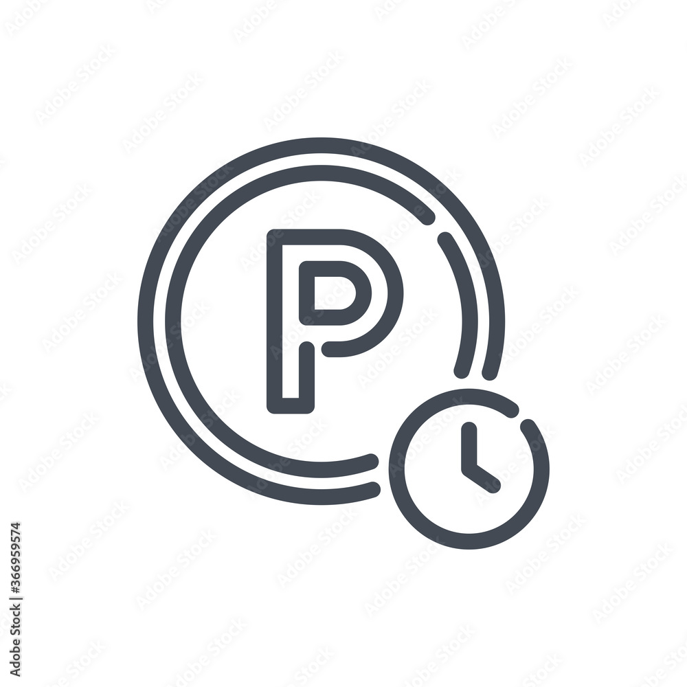 Parking Time line icon. Parking Sign with P and Clock vector outline sign. Parking Time line icon. Parking Sign with P and Clock vector outline sign.