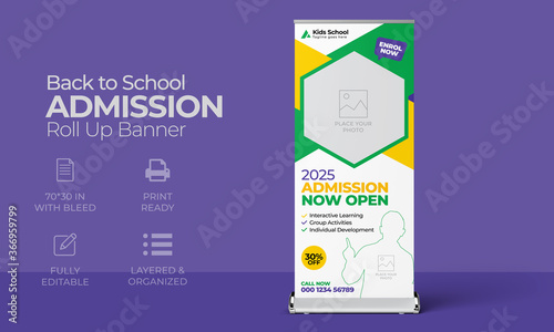 School admission rollup banner template. Kids back to school education banner layout