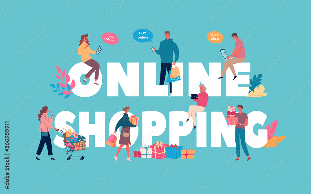 People shopping online vector illustration poster People shopping online vector illustration poster