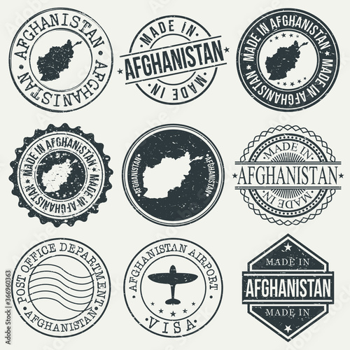 Afghanistan Set of Stamps. Travel Stamp. Made In Product. Design Seals Old Style Insignia.