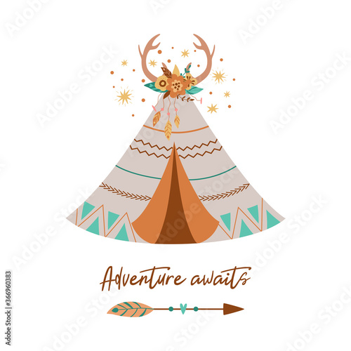 Tribal Teepee vector Cute tribe teepee, Arrow, Feather, horns. Text Adventure awaits. Boho arrow. Floral element