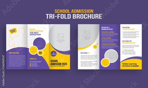 School admission tri-fold brochure template. Kids back to school education brochure cover layout