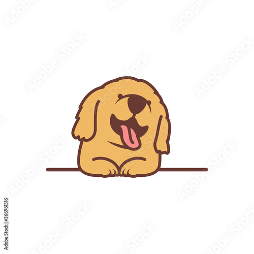 Cute golden retriever puppy smiling over wall cartoon, vector illustration