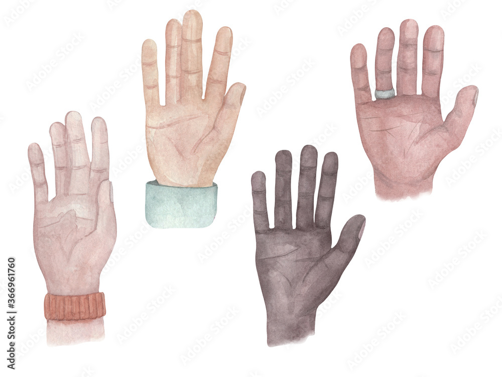 Mens hands international . Drawing watercolor. Set of elements isolated on white background Mens hands international . Drawing watercolor. Set of elements isolated on white background