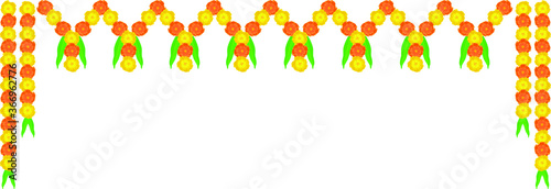 Marigold flowers and curtain decorations with bells, lamps for the temple, and house doors.