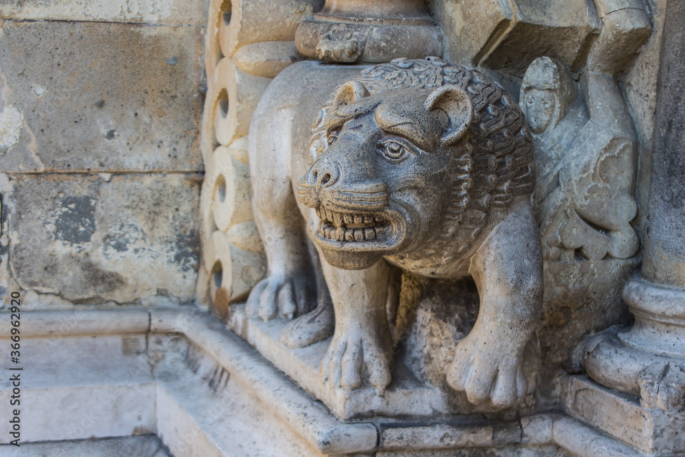 Stone sculpture in the form of a lion in Vaidahunyad Castle in Budapest. Hungary