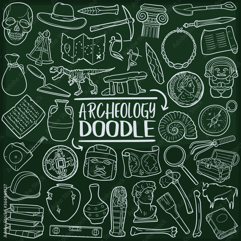 Archeology History Chalkboard Doodle Icons. Sketch Hand Made Design Vector Art.