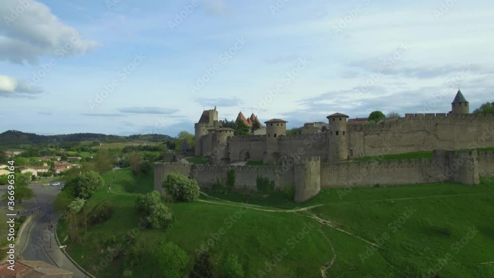 Flight overlooking the medieval European city with an ancient fortress and Carcassonne castle 1