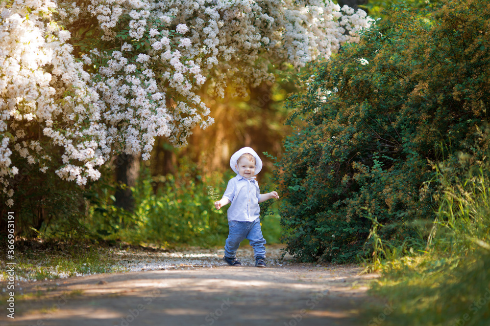Fototapeta premium Child running in an apple orchard in spring